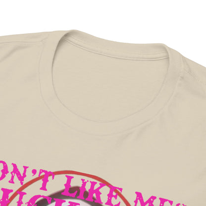 Detailed close-up of a luxurious, cream-coloured T-shirt collar featuring bold pink typography stating 'DON'T LIKE ME? FK OFF,' perfect for edgy street style.