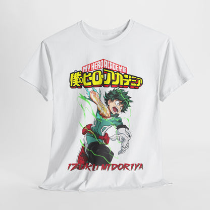 Luxury white Izuku Midoriya T-shirt featuring vivid graphic design from My Hero Academia, showcasing dynamic action pose and bold logo.