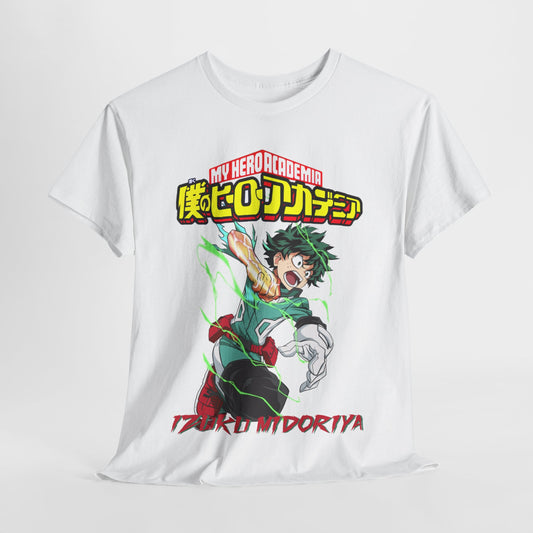 Luxury white Izuku Midoriya T-shirt featuring vivid graphic design from My Hero Academia, showcasing dynamic action pose and bold logo.