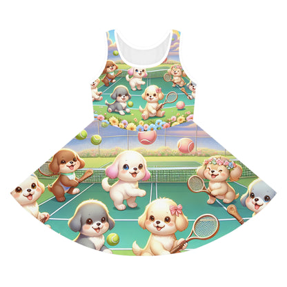 Elegant Luna Beauclair toddler girls A-Line sundress featuring whimsical pastel puppies playing tennis, crafted by Dazzling Dreams Studio.