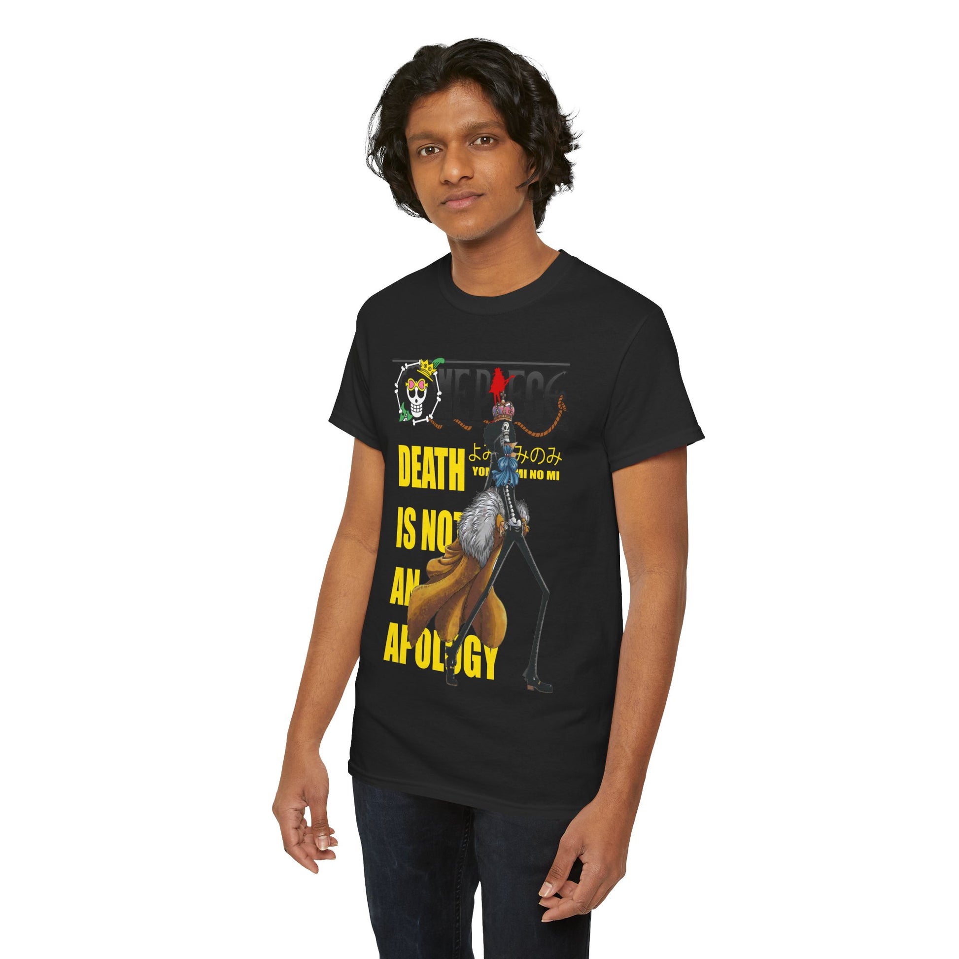 Sleek black t-shirt depicting a distinctive One Piece graphic of Brook, enhanced with striking yellow lettering proclaiming 'DEATH IS NOT AN APOLOGY', perfect for anime fans seeking luxury style.
