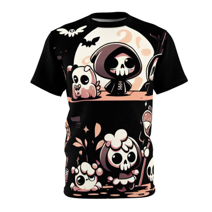 Luxurious Cartoonish Horror Scene Black Tee by Dazzling Dreams Studio, featuring a unique blend of playful and spooky designs for fashion enthusiasts.