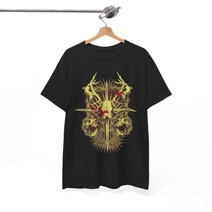 Stylish black t-shirt suspended, highlighting a Game of Thrones inspired skull and antler design, perfect for those who appreciate bold and unique fashion statements.