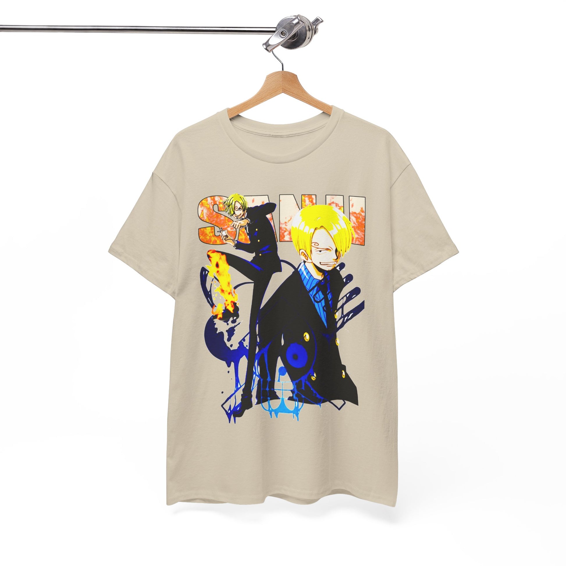 Elegant t-shirt hanging on a wooden hanger, featuring eye-catching anime design, combining sophistication and playful elements, ideal for casual chic outfits.