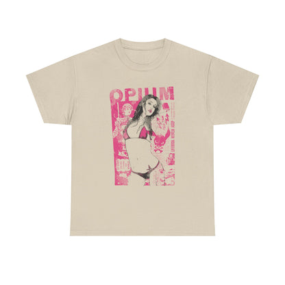 Elegant beige T-shirt showcasing a captivating 'OPIUM' collage design with a bold pinup art print, embodying a blend of vintage allure and modern style.