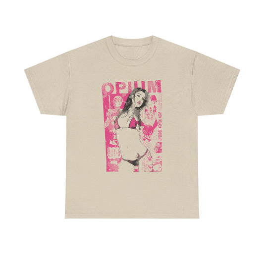 Elegant beige T-shirt showcasing a captivating 'OPIUM' collage design with a bold pinup art print, embodying a blend of vintage allure and modern style.
