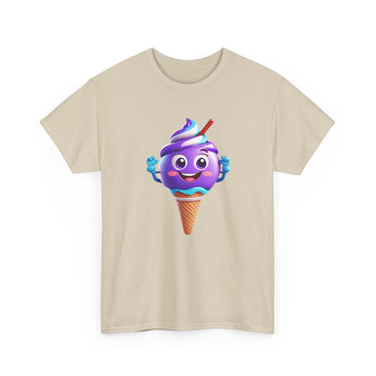 Front view of the Scoop of Joy: Cartoon Ice Cream Cone Character Tee, featuring a vibrant, playful purple ice cream cone character with a joyful expression.