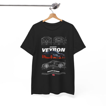 Men's T-Shirt exhibiting the exquisite Bugatti Veyron design, complemented by technical drawings, perfect for those who appreciate automotive excellence.