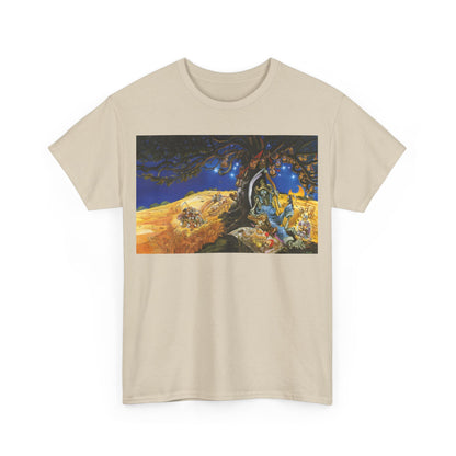 Front view of the Discworld Reaper Man Graphic Unisex Tee - Luxurious Terry Pratchett Tribute Shirt highlighting a captivating graphic of Death amidst a fantastical landscape.