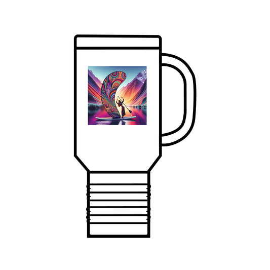 Fantasy Paddleboarding 40oz Insulated Travel Mug featuring a vibrant design with a paddleboarder, encapsulating adventure and style, perfect for outdoor enthusiasts.