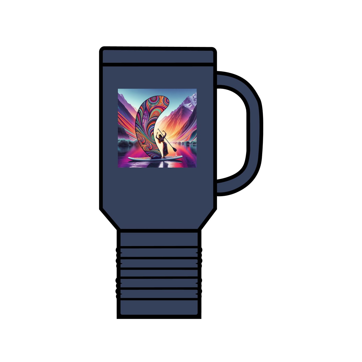 Luxury Fantasy Paddleboarding 40oz Insulated Travel Mug in navy blue, showcasing an exquisite design featuring fantasy paddleboarding art, perfect for outdoor adventures.