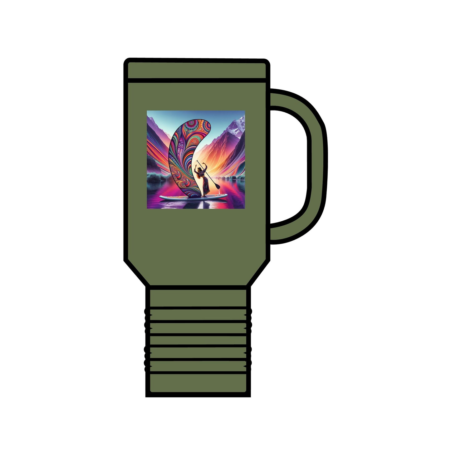 Elegant Fantasy Paddleboarding 40oz Insulated Travel Mug in olive green, adorned with captivating paddleboarding imagery, ideal for keeping beverages hot or cold.