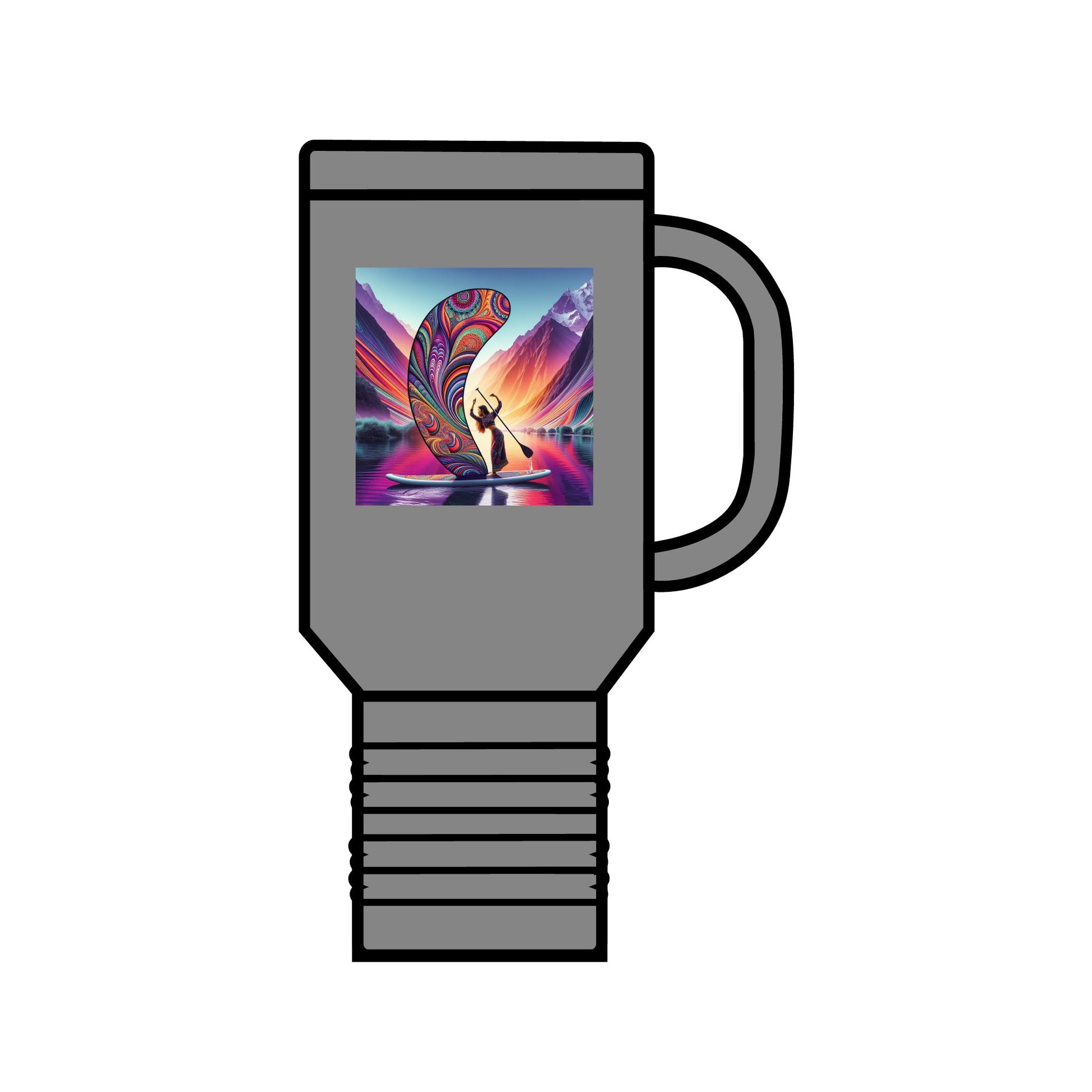 Luxury Fantasy Paddleboarding 40oz Insulated Travel Mug in a sleek grey finish, showcasing an artistic paddleboarding theme, ideal for maintaining beverage temperature during outdoor activities.
