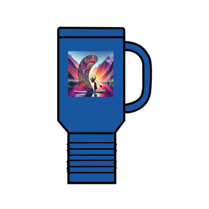 Chic Fantasy Paddleboarding 40oz Insulated Travel Mug in blue, showcasing enchanting paddleboarding graphics, crafted for the discerning outdoor enthusiast.