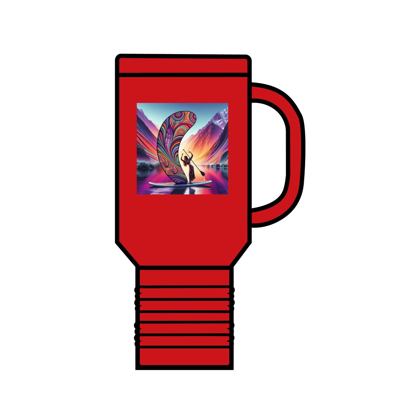Stylish Fantasy Paddleboarding 40oz Insulated Travel Mug in bold red, featuring vibrant paddleboarding visuals, perfect for hydration during adventures.
