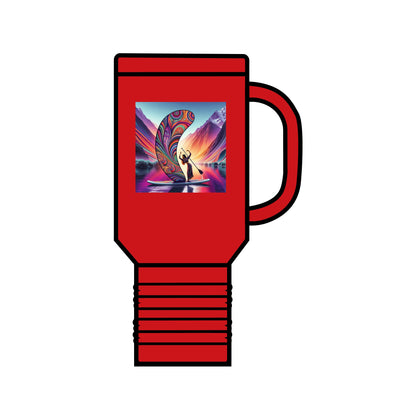 Stylish Fantasy Paddleboarding 40oz Insulated Travel Mug in bold red, featuring vibrant paddleboarding visuals, perfect for hydration during adventures.