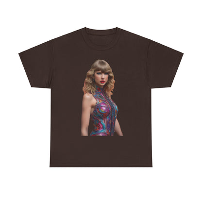 Swifties psychedelic Taylor Swift Heavy Cotton Tee in rich brown, showcasing a stunning psychedelic illustration of Taylor Swift, an ideal addition to any luxury wardrobe.