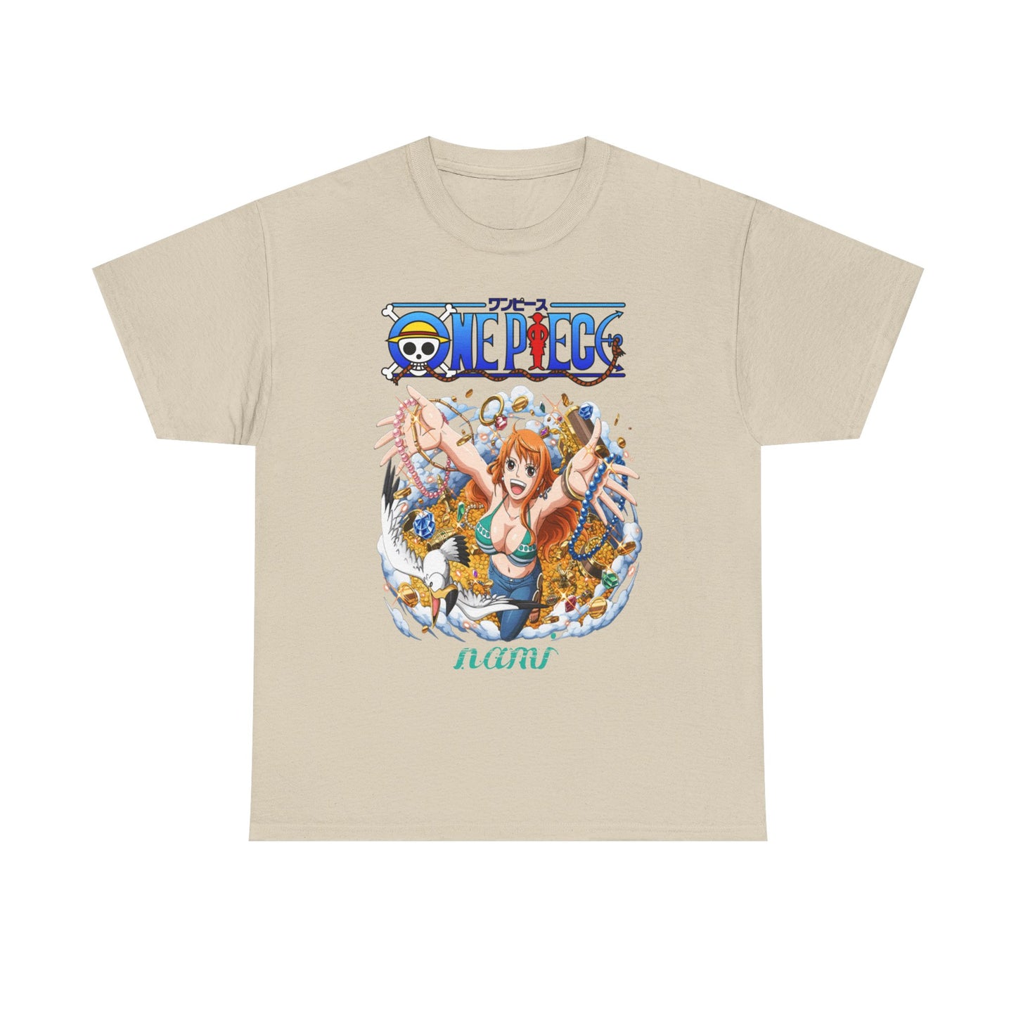 Luxury beige men's t-shirt featuring Nami from One Piece, showcasing vibrant treasure-themed artwork and joyful vibes, ideal for anime enthusiasts.