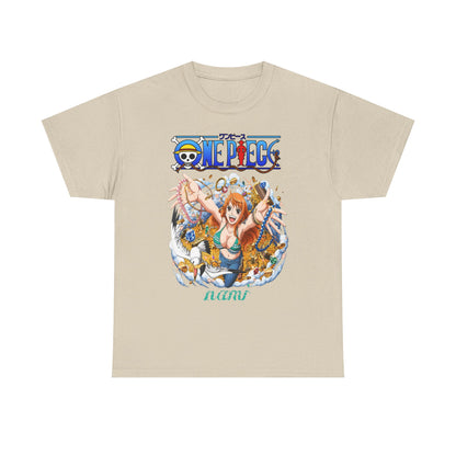 Luxury beige men's t-shirt featuring Nami from One Piece, showcasing vibrant treasure-themed artwork and joyful vibes, ideal for anime enthusiasts.