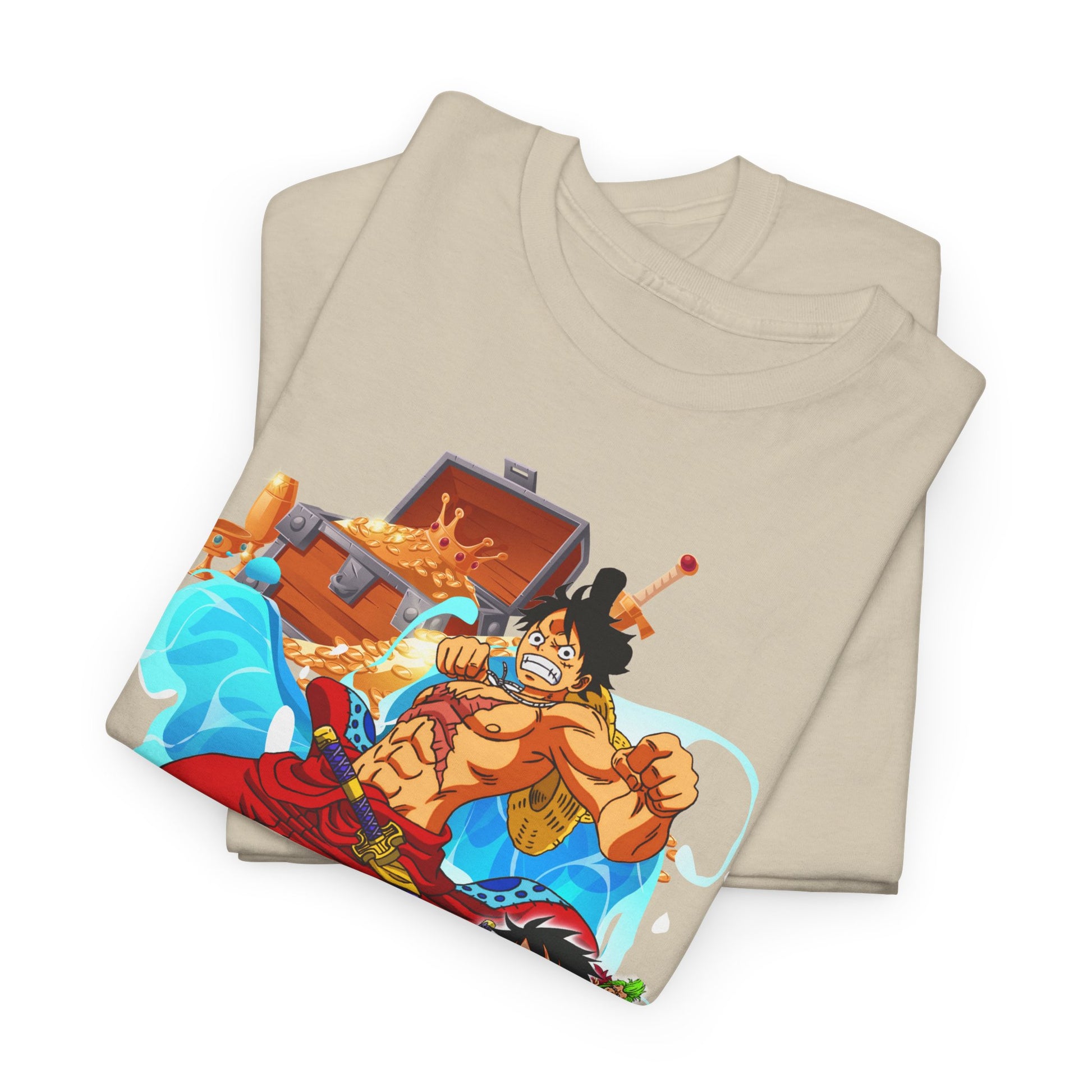 Folded beige anime-themed t-shirt showcasing a dynamic illustration of popular characters, ideal for stylish gifting.