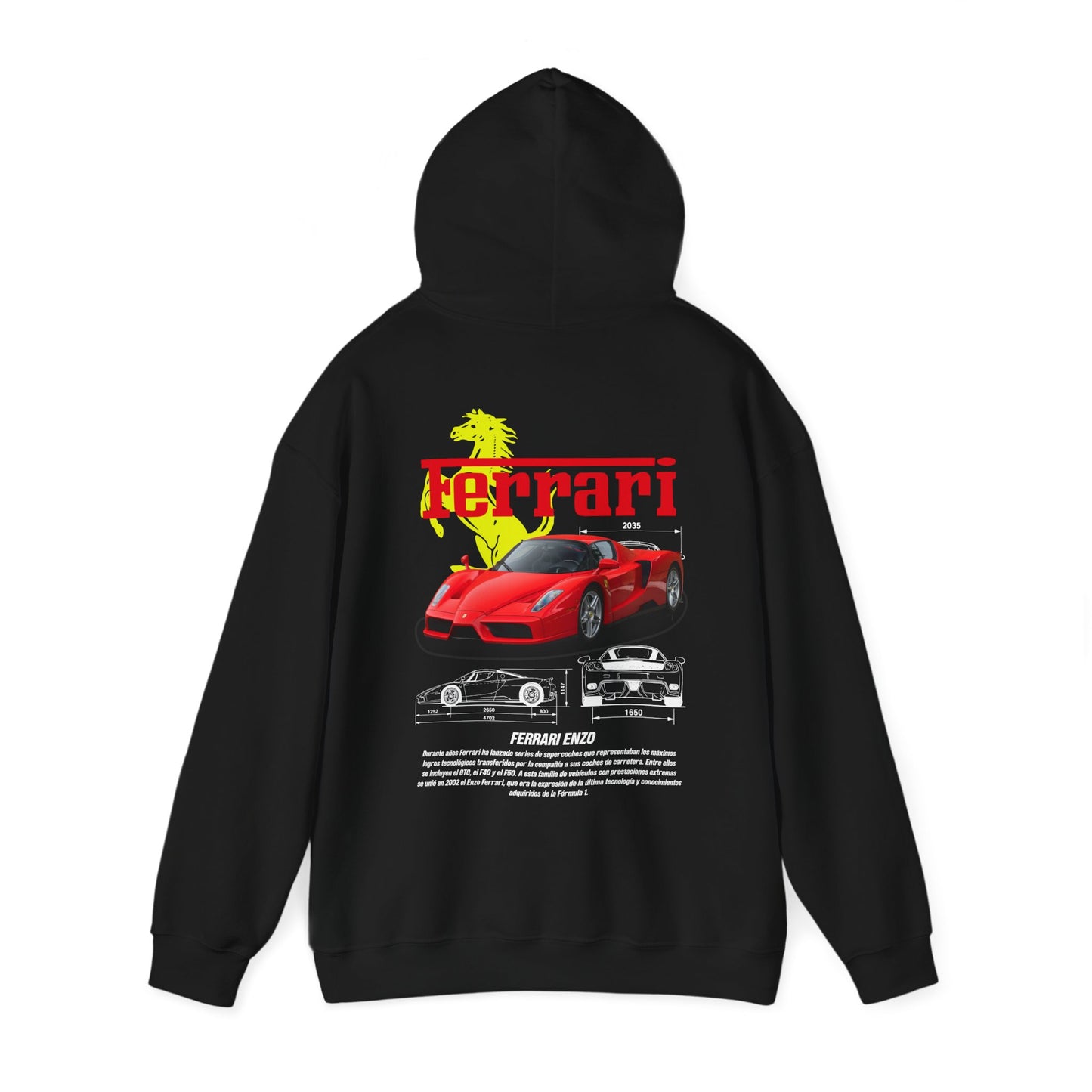 Ferrari Enzo back print hoodie featuring bold car graphics and a striking red and yellow design, perfect for car enthusiasts.