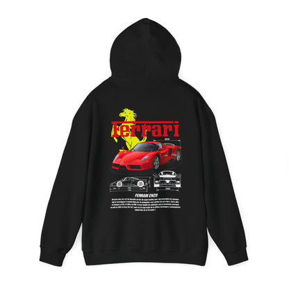 Ferrari Enzo back print hoodie featuring bold car graphics and a striking red and yellow design, perfect for car enthusiasts.