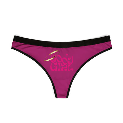Sleek Good Girl thong panties displayed against a minimalist white background, showcasing the striking pink design adorned with whimsical lettering and a sophisticated black trim, ideal for adding a touch of glamour to any lingerie collection.