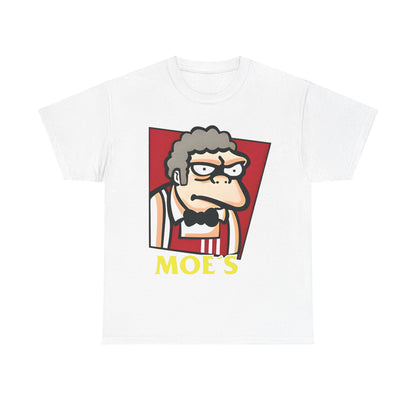 Refined white t-shirt featuring the iconic Moe from The Simpsons with a KFC-inspired design, named 'The Simpson's Moe's KFC Logo Mashup Graphic T Shirt Tee'.