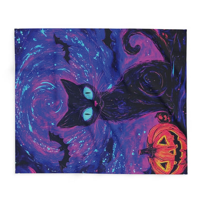 Artistic view of the Decorative and Warm Halloween Spooky Arctic Fleece Blanket, featuring a vivid black cat and swirling night sky, ideal for adding charm to festive interiors.
