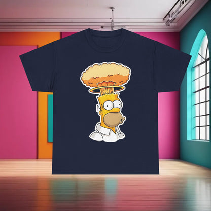 Homer Mind Blown Graphic T-Shirt Urban Unisex Cotton Tee, elegantly presented in a stunning dark navy setting, highlighting the playful yet artistic portrayal of Homer Simpson and a dynamic explosion motif.