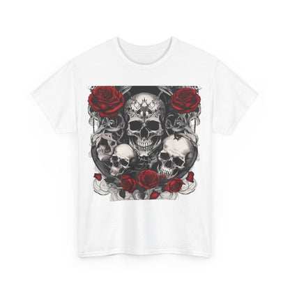 Skulls and Roses Cotton Tee featuring an intricate graphic design of skulls and roses, ideal for edgy fashion lovers.