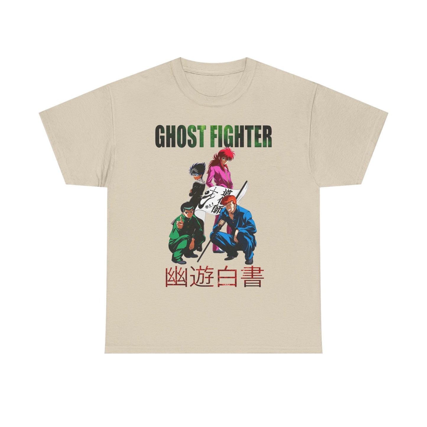 Chic cream Ghost Fighter graphic T-shirt displaying iconic anime characters, a premium choice for those who appreciate art in fashion.