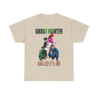 Chic cream Ghost Fighter graphic T-shirt displaying iconic anime characters, a premium choice for those who appreciate art in fashion.