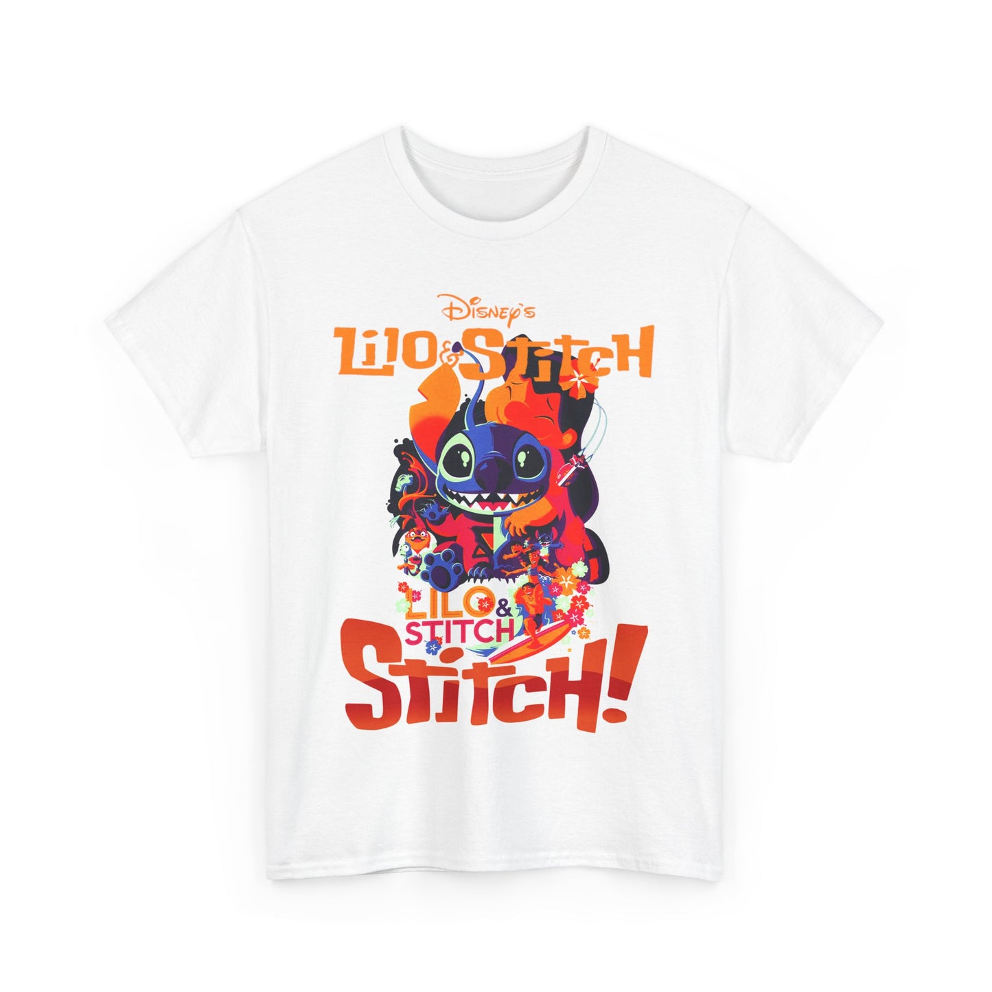 Chic white Lilo & Stitch t-shirt featuring a captivating graphic of Stitch in a playful pose, complemented by bright colours and bold lettering. A delightful addition for fans of timeless Disney elegance.