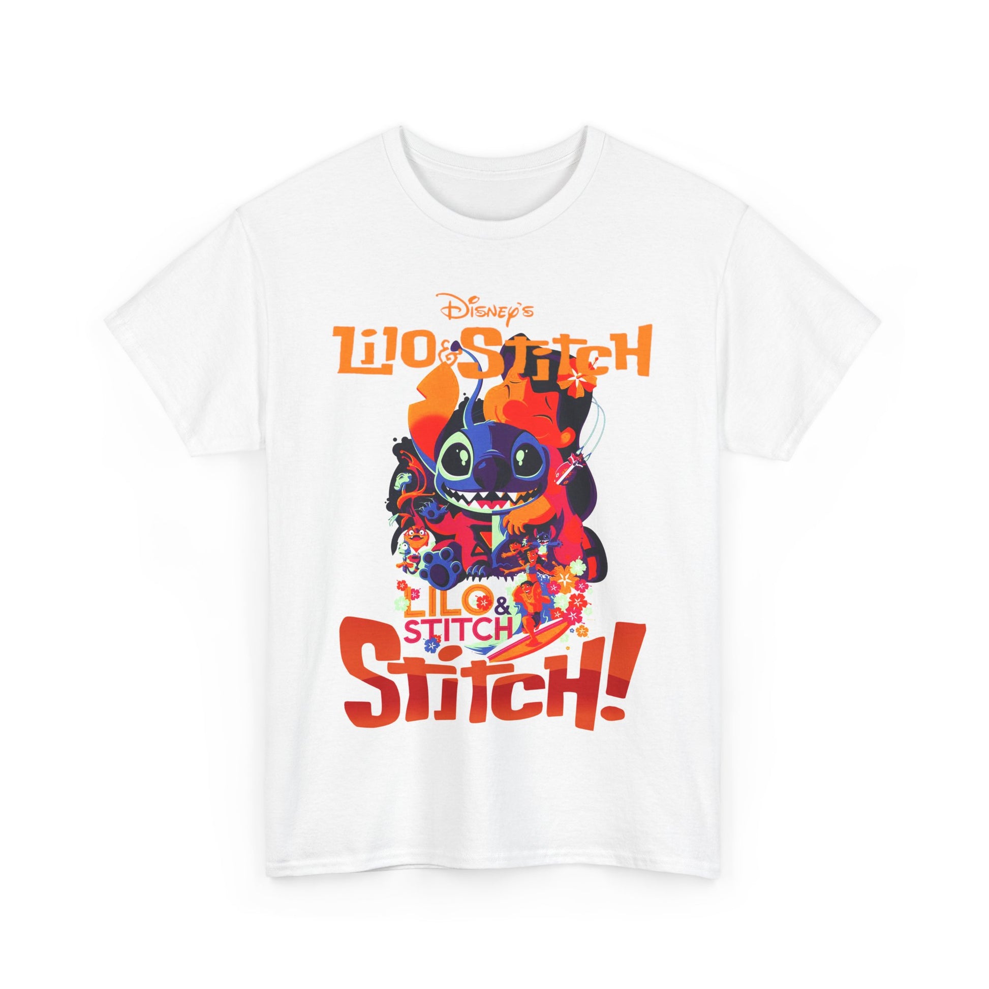 Chic white Lilo & Stitch t-shirt featuring a captivating graphic of Stitch in a playful pose, complemented by bright colours and bold lettering. A delightful addition for fans of timeless Disney elegance.