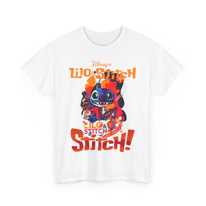 Chic white Lilo & Stitch t-shirt featuring a captivating graphic of Stitch in a playful pose, complemented by bright colours and bold lettering. A delightful addition for fans of timeless Disney elegance.