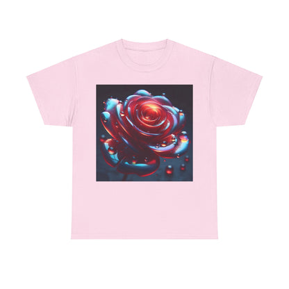 Ethereal Rose Unisex Graphic T-Shirt - Soft Cotton Tee with Iridescent Floral Design highlighted by an enchanting rose with water droplets on a pastel pink background.