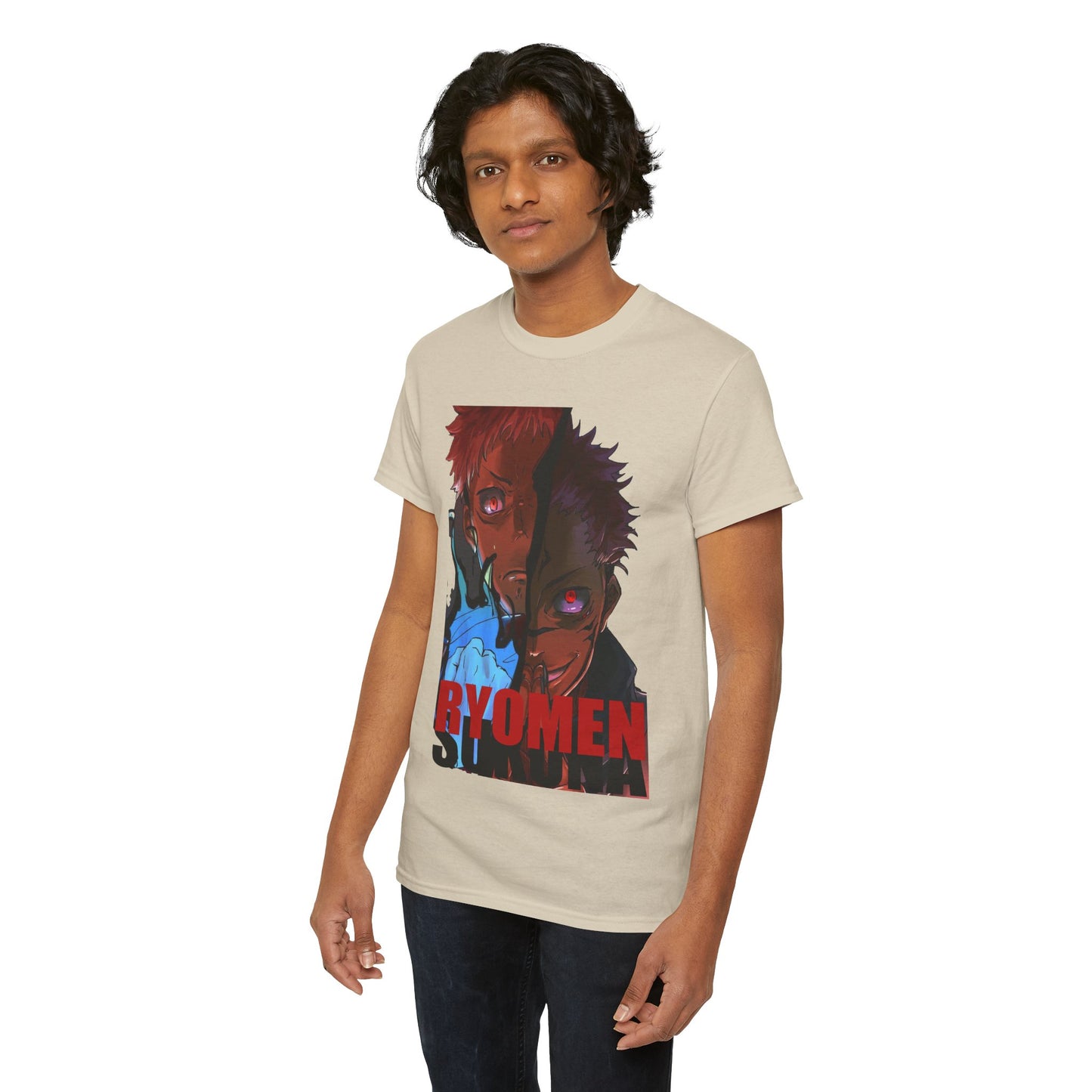 Experience the sophistication of anime fashion with this premium Ryomen Sukuna graphic t-shirt, elegantly displayed on a male model, highlighting its bold design and stylish cut.