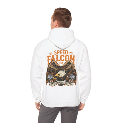 Stylish white hoodie featuring a bold eagle graphic and 'SPEED FALCON INC.' branding on the back, symbolising power and freedom in luxury fashion.