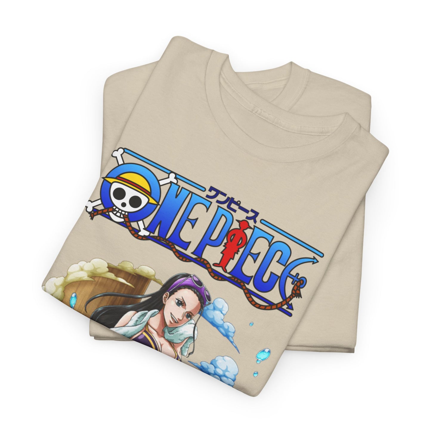 Plush folded beige t-shirts displaying Nico Robin design from One Piece, highlighting elegance and quality craftsmanship, a must-have for any anime lover.