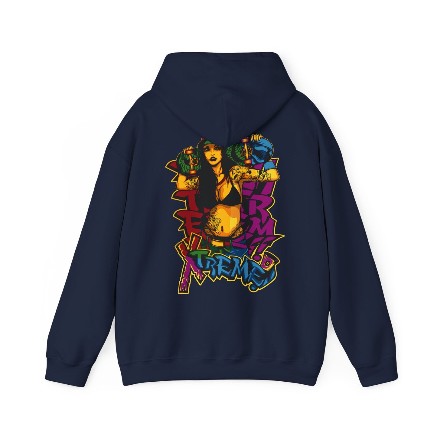 Elegant navy hoodie with vibrant skateboarder graphic design featuring bold colourful artwork. Perfect for urban fashion enthusiasts.