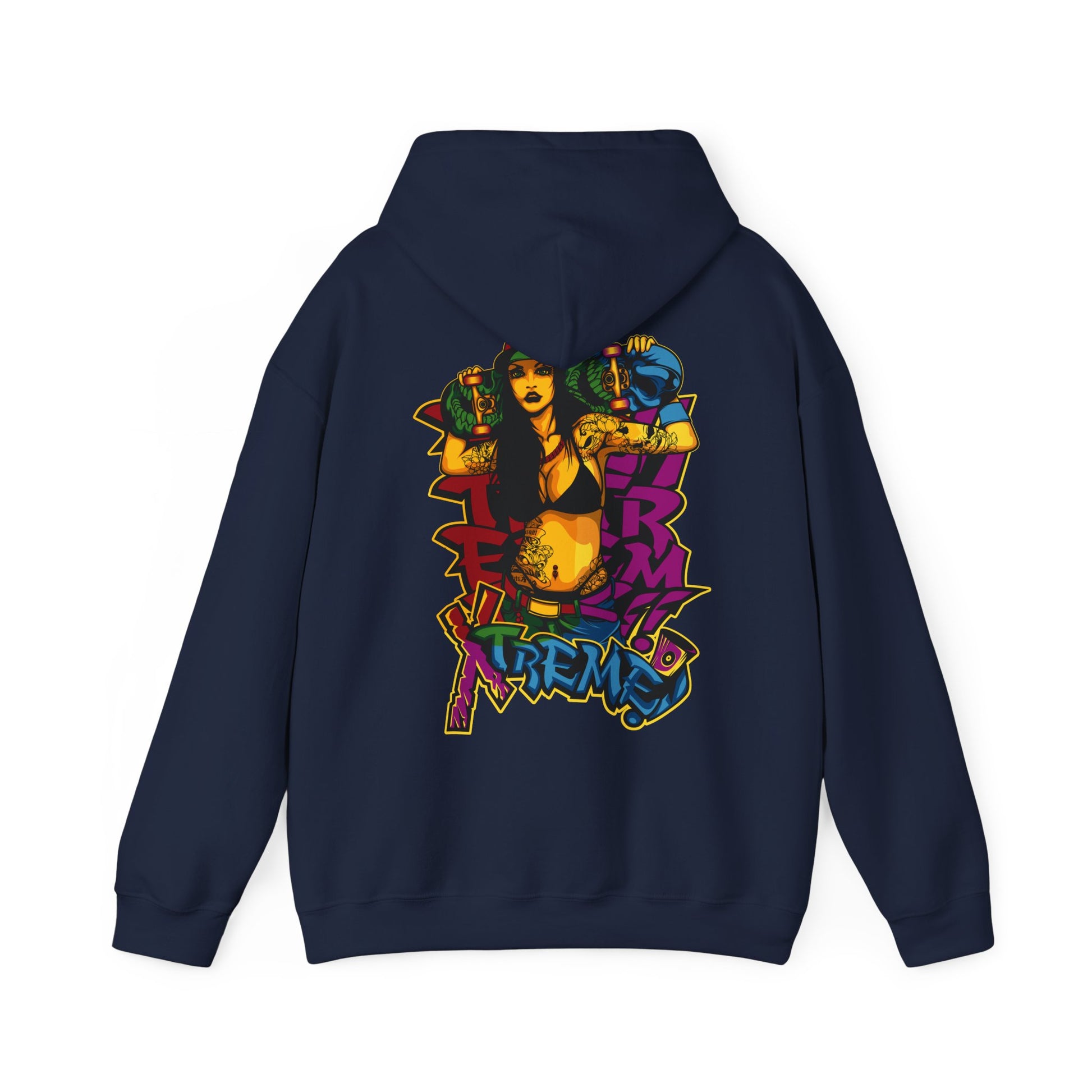 Elegant navy hoodie with vibrant skateboarder graphic design featuring bold colourful artwork. Perfect for urban fashion enthusiasts.
