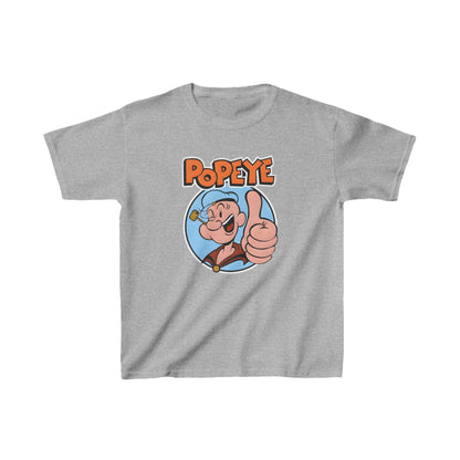 Unisex Kids Popeye Cotton T Shirt Tee in elegant grey, adorned with a charming graphic of Popeye giving a thumbs-up, a luxurious addition to every young one's wardrobe.