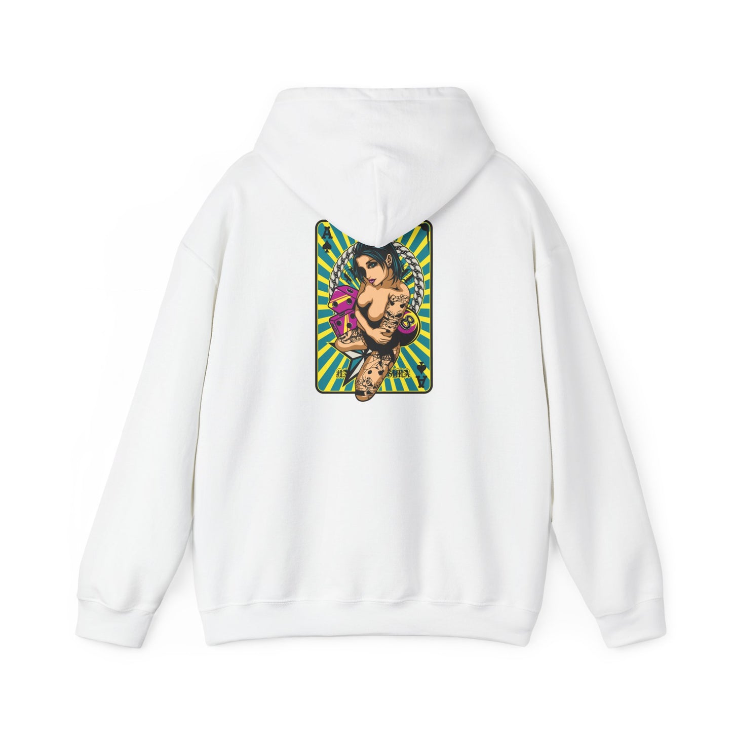 Elegant white hoodie featuring a striking back design of a bold tattooed woman amidst vibrant playing cards and energetic rays, embodying individuality and artistic flair.