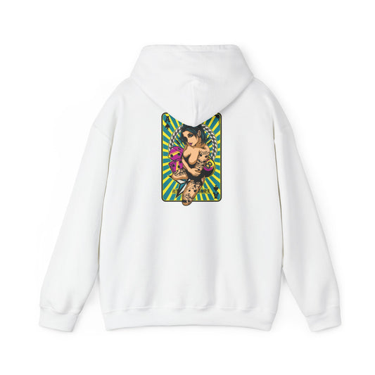 Elegant white hoodie featuring a striking back design of a bold tattooed woman amidst vibrant playing cards and energetic rays, embodying individuality and artistic flair.