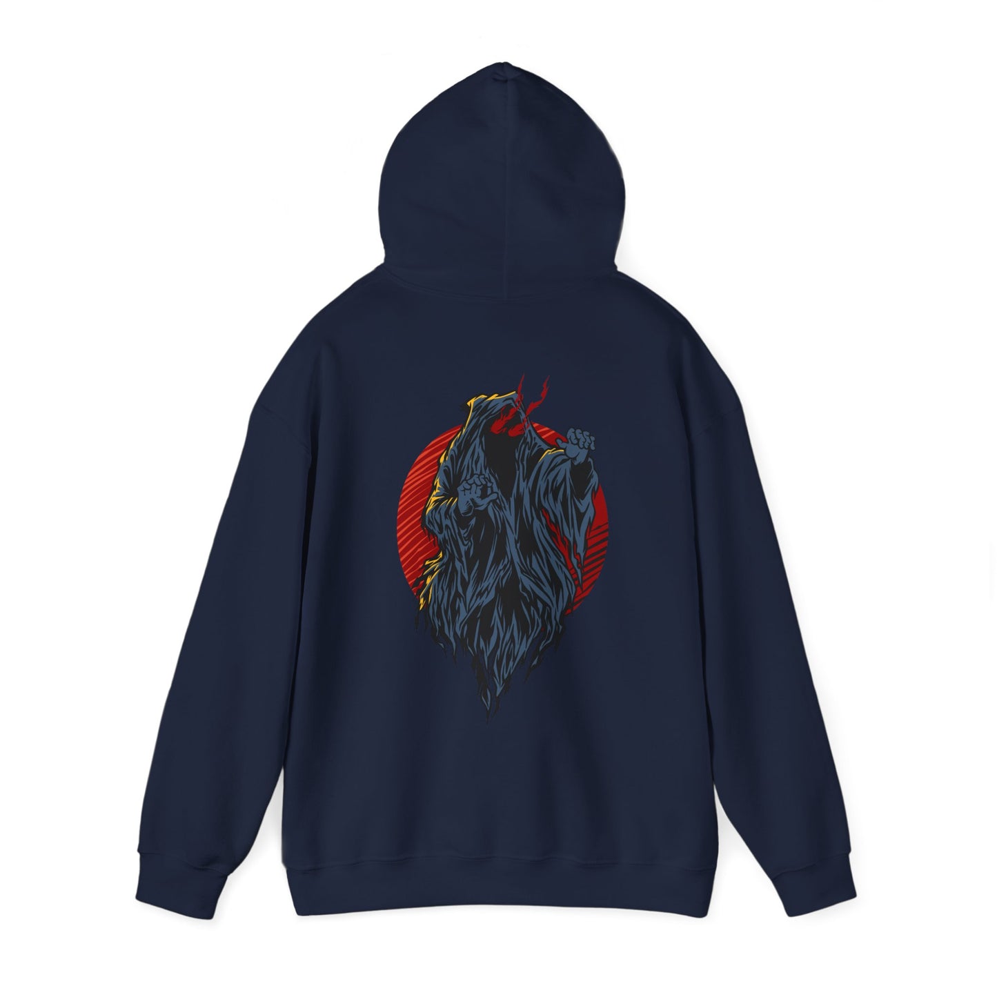 Back view of a navy hoodie adorned with an intricate demon illustration, radiating a sense of power and sophistication.