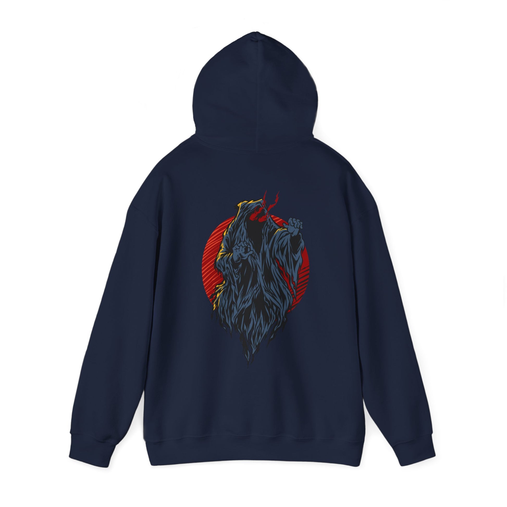 Back view of a navy hoodie adorned with an intricate demon illustration, radiating a sense of power and sophistication.