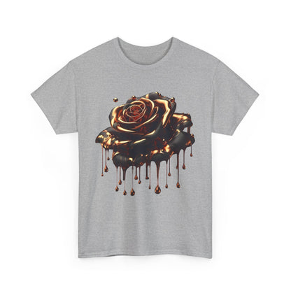 Front view of the Close-Up Abstract Rose Unisex Cotton Tee Graphic T Shirt in grey, featuring a striking rose design with draping liquid effects.