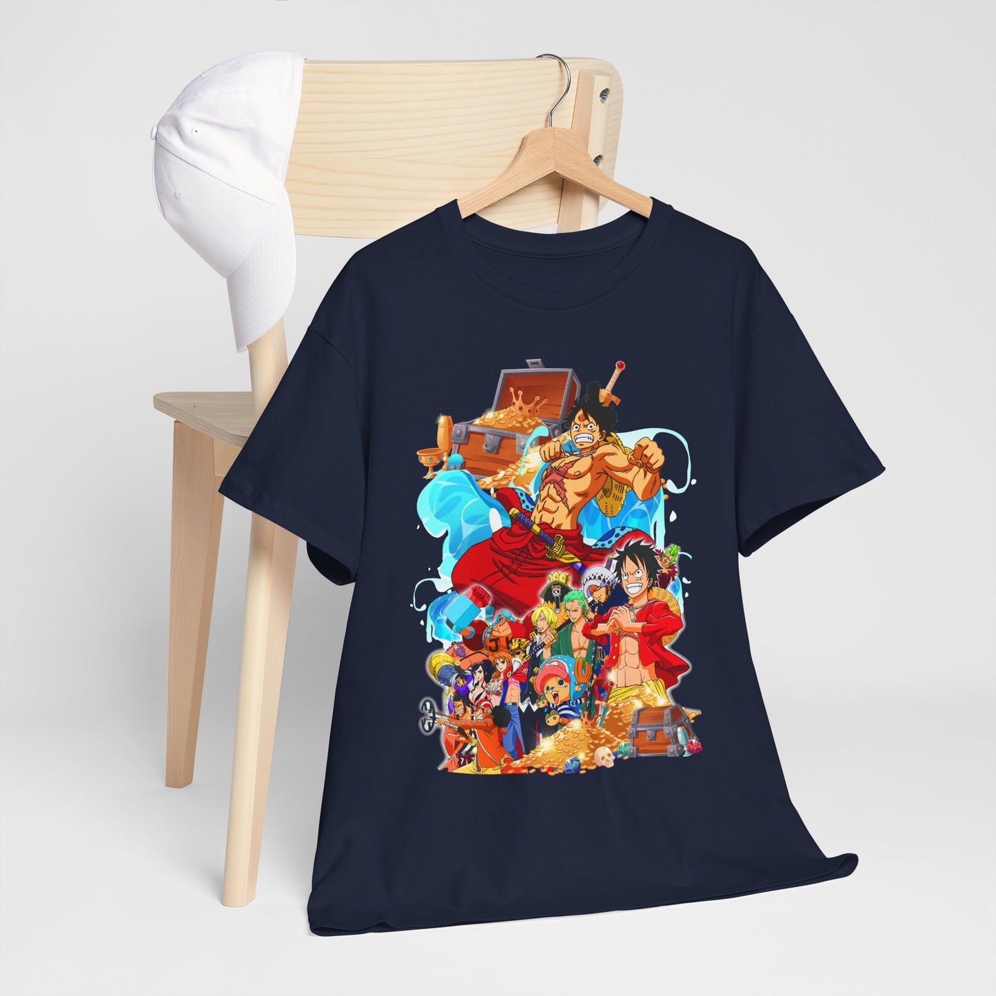 Elegant men's navy T-shirt displayed on a wooden chair, showcasing stunning anime artwork, perfect for casual yet stylish outfits.