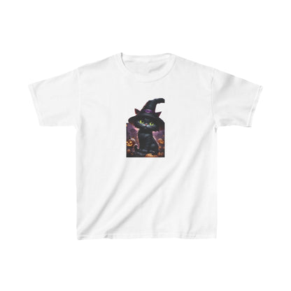 Kids Cute Kitten Halloween T-shirt featuring a charming black kitten in a witch's hat, adorned with pumpkins, perfect for festive celebrations in vibrant white.